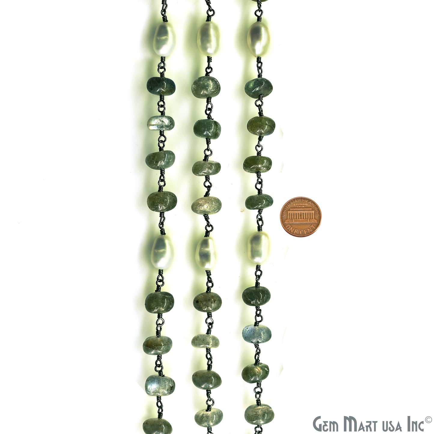 Labradorite Cabochon With Pearl Oxidized Wire Wrapped Rosary Chain