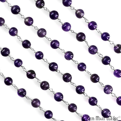 Amethyst 6mm Cabochon Beads Silver Wire Wrapped Rosary Chain