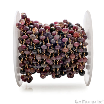 Multi Tourmaline Cabochon Beads 6-7mm Gold Plated Gemstone Rosary Chain