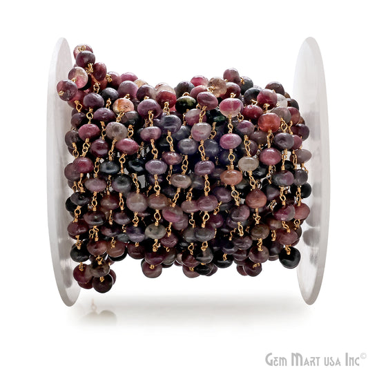 Multi Tourmaline Cabochon Beads 6-7mm Gold Plated Gemstone Rosary Chain