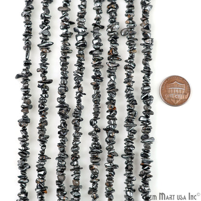 Hematite Chip Beads, 34 Inch, Natural Chip Strands, Drilled Strung Nugget Beads, 3-7mm, Polished, GemMartUSA (CHHT-70001)