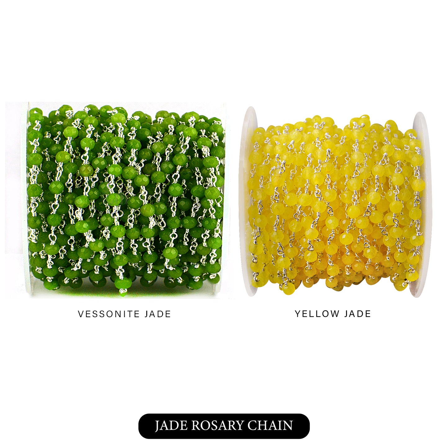 Dyed Jade Bead Faceted Crystal Round Rosary Chain Silver Plating, 4mm, 1+ ft