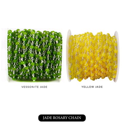 Dyed Jade Bead Faceted Crystal Round Rosary Chain Silver Plating, 4mm, 1+ ft
