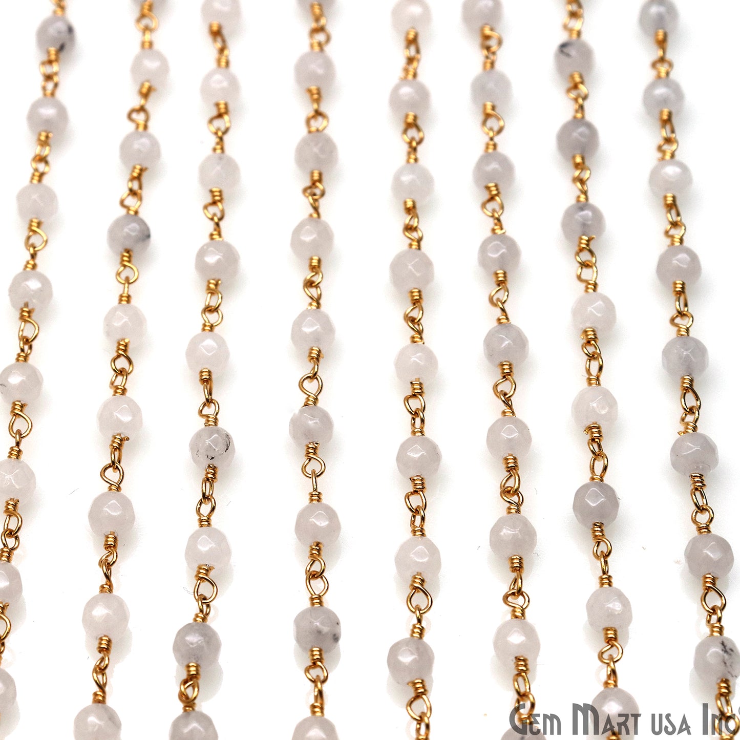 White Jade 4mm Faceted Beads Gold Wire Wrapped Rosary