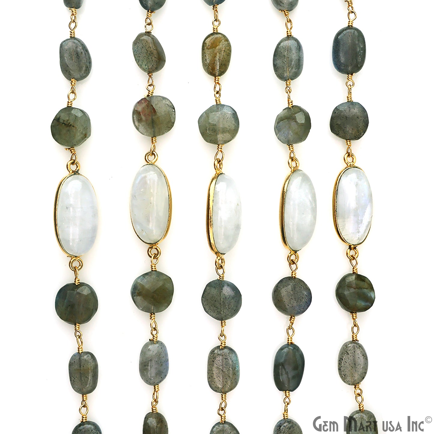 Labradorite & Rainbow Moonstone Bezel Gold Plated Wire Wrapped Rosary Chain