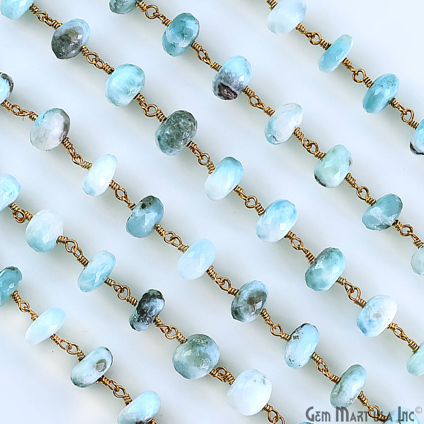 Larimar Faceted 8-9mm Gold Plated Beaded Wire Wrapped Rosary Chain