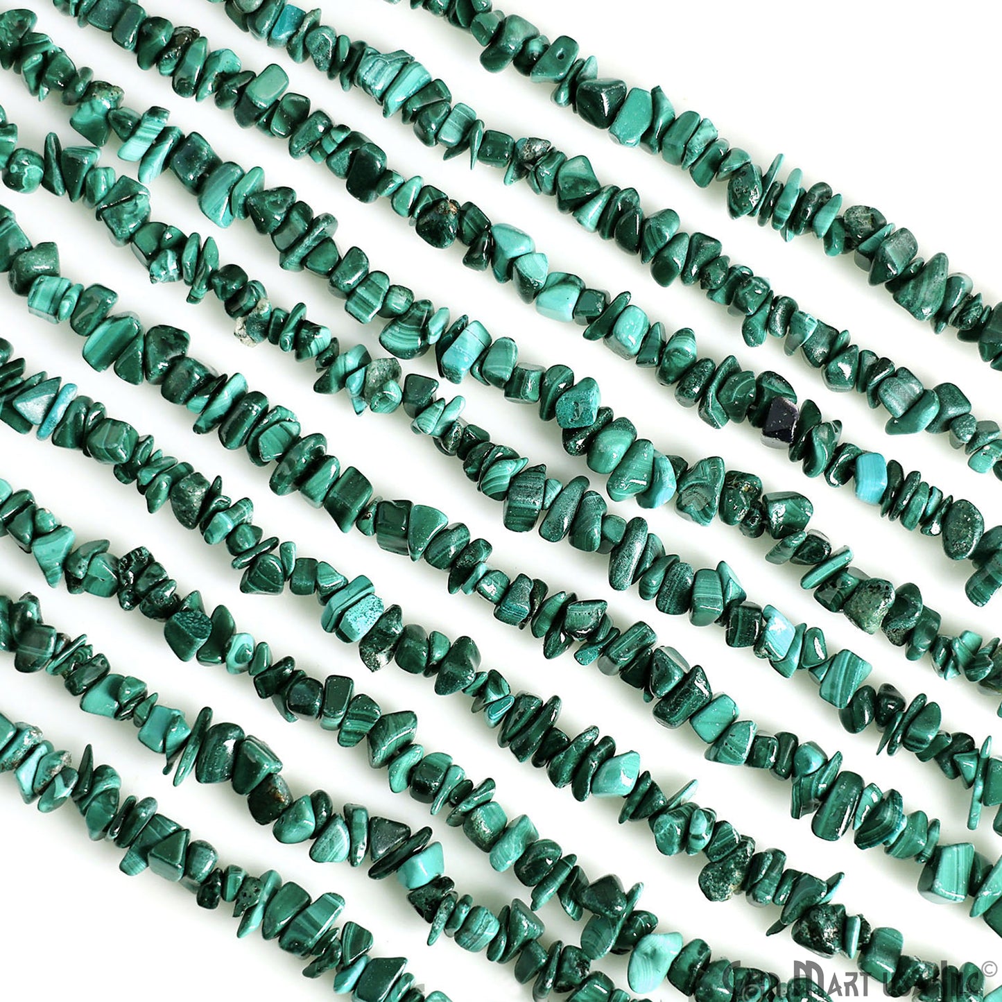Malachite Chip Beads, 34 Inch, Natural Chip Strands, Drilled Strung Nugget Beads, 3-7mm, Polished, GemmartUSA (CHMC-70001)