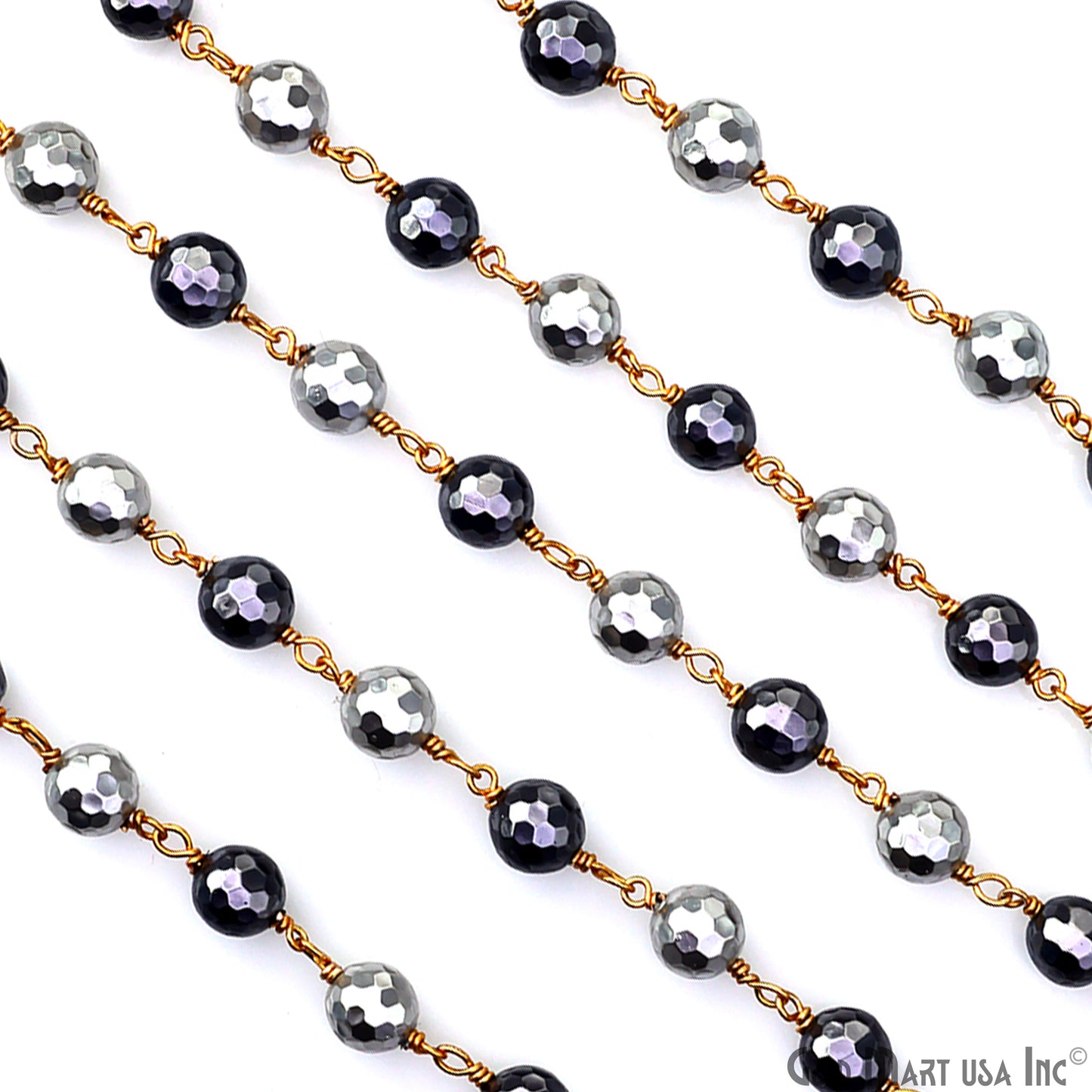 Black & Silver Pyrite Faceted Beads 6-7mm Gold Wire Wrapped Rosary Chain