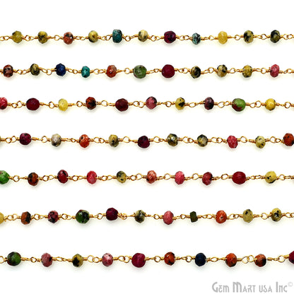 Multi Color Jade Round Faceted 4mm Gold Plated Wire Wrapped Rosary Chain