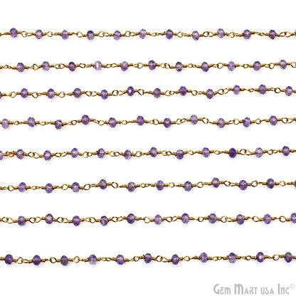 Pink Amethyst 3-3.5mm Gold Plated Beaded Wire Wrapped Rosary Chain