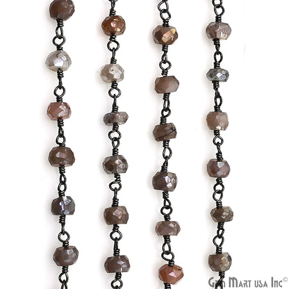 Coated Gray Moonstone Faceted 5-6mm Oxidized Wire Wrapped Beads Rosary Chain