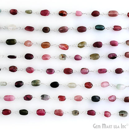 Multi Tourmaline Tumbled Beads 5x4mm Silver Plated Wire Wrapped Rosary Chain