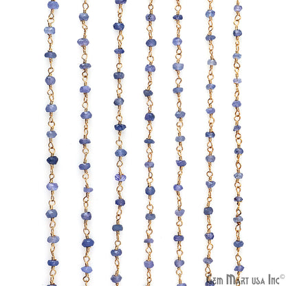 Natural Tanzanite 3mm Gold Plated Beaded Wire Wrapped Rosary Chain