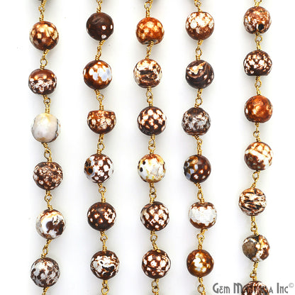 Brown Jade Faceted Beads 10mm Gold Wire Wrapped Rosary Chain