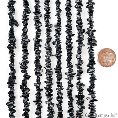 Black Tourmaline Chip Beads, 34 Inch, Natural Chip Strands, Drilled Strung Nugget Beads, 3-7mm, Polished, GemmartUSA (CHKT-70001)