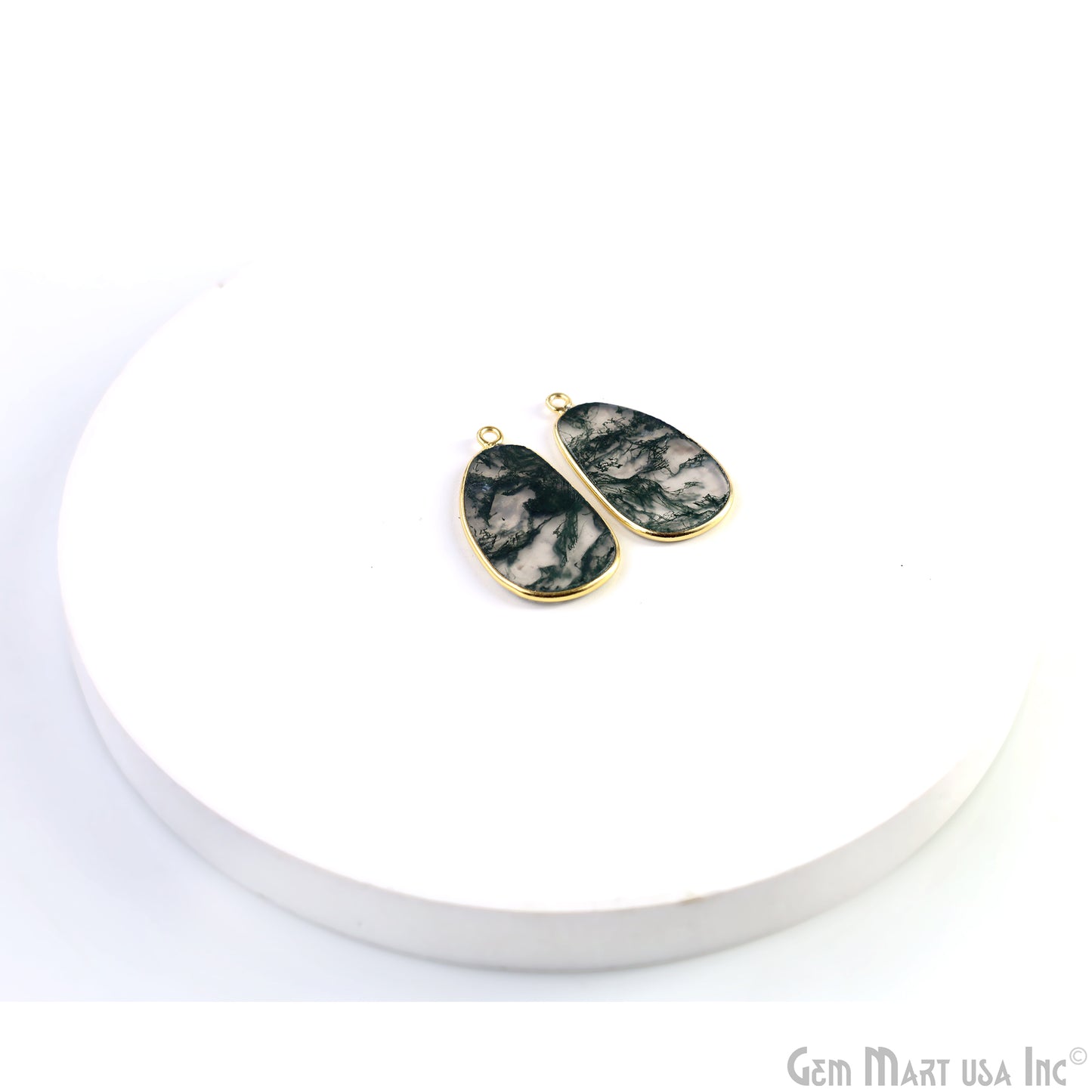 Moss Agate Free Form Gold Plated Single Bail Bezel Smooth Slab Slice Thick Gemstone Connector 30x15mm 1 Pair