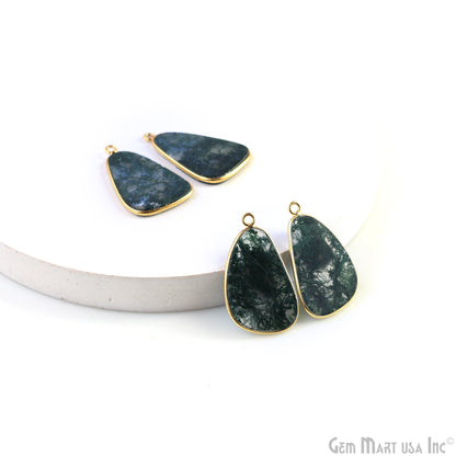 Moss Agate Free Form Gold Plated Single Bail Bezel Smooth Slab Slice Thick Gemstone Connector 28x16mm 1 Pair