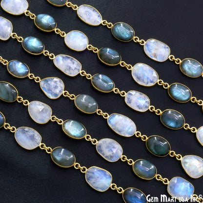 Rainbow Moonstone Faceted & Labradorite Oval 10-15mm Cabochon Bezel Link Connector Chain