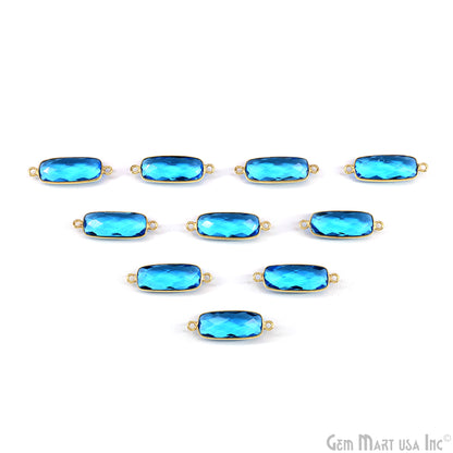 Swiss Blue Topaz 27x9mm Rectangle Faceted Gold Bezel Double Bail Gemstone Connector