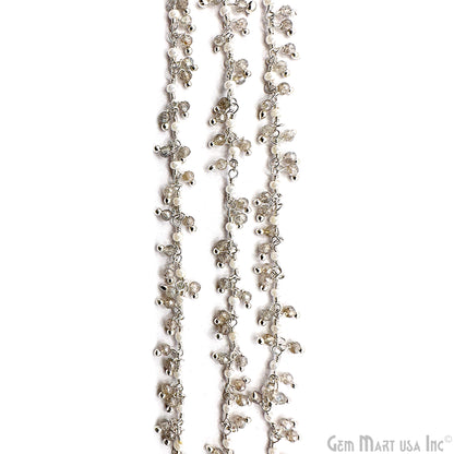 Labradorite & Synthetic Pearl Faceted Beads Silver Plated Wire Wrapped Rosary Chain