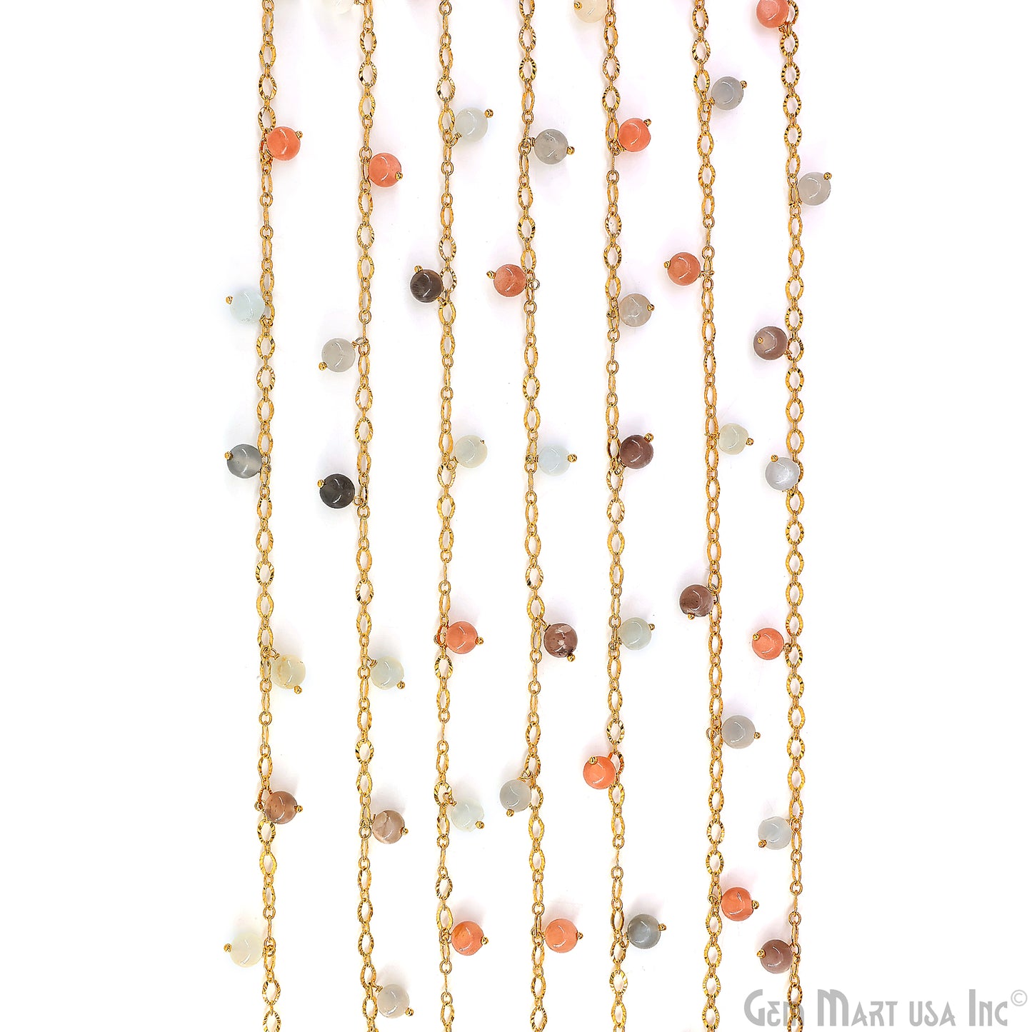 Multi Moonstone Cabochon Round Beads 5-6mm Gold Wire Wrapped Dangle Rosary Chain