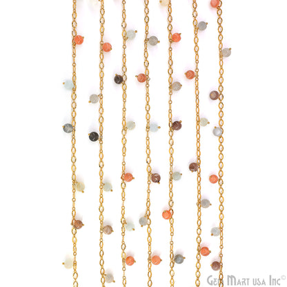 Multi Moonstone Cabochon Round Beads 5-6mm Gold Wire Wrapped Dangle Rosary Chain