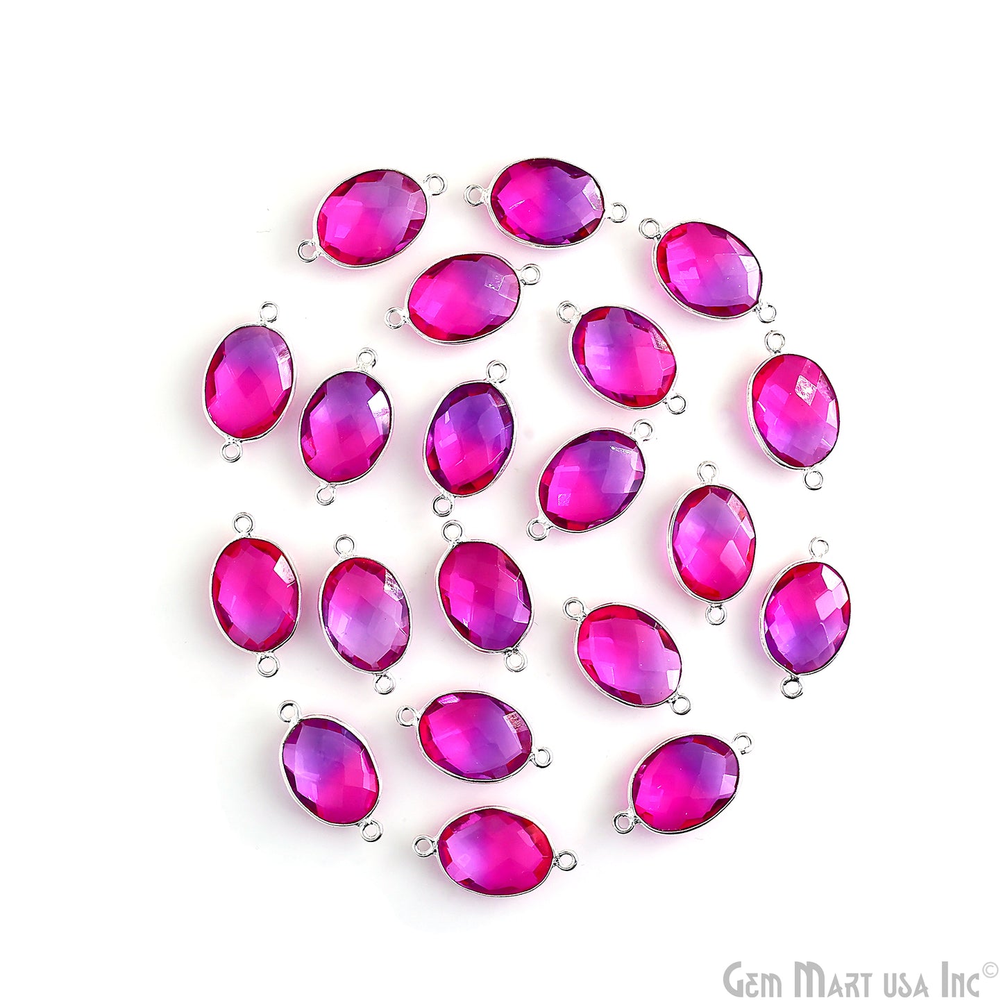 Oval 12x16mm Blue and Pink Quartz Silver Bezel Double Bail Connector