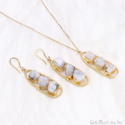 Rainbow Moonstone Rough Gemstone Free Form Oval Gold Plated Twisted Bezel setting 44x16mm DIY Earring Pendant Connector