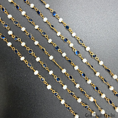 Sapphire & Pearl Beads Gold Plated Round Shape Bezel Link Continuous Connector Chain