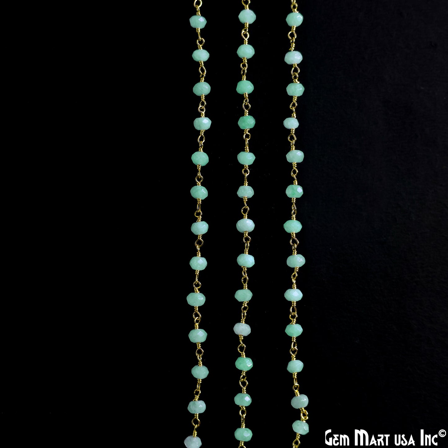 Aqua Chalcedony 4mm Round Faceted Beads Gold Wire Wrapped Rosary