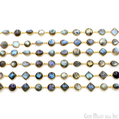 Labradorite Cabochon 10mm Mix Shape Gold Plated Bezel Continuous Connector Chain