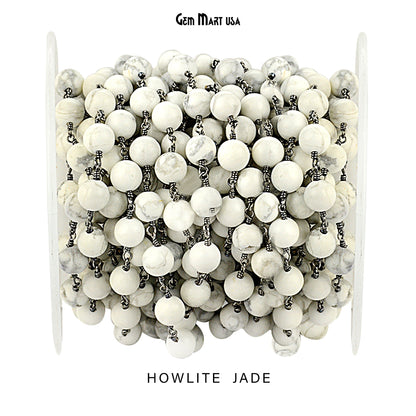 Dyed Jade Bead Faceted Crystal Round Rosary Chain Black Plating, 8mm, 1+ ft