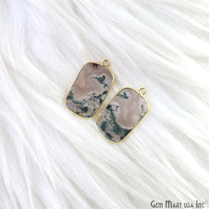 Moss Agate Octagon Gold Plated Single Bail Bezel Smooth Slab Slice Thick Gemstone Connector 30x17mm 1 Pair