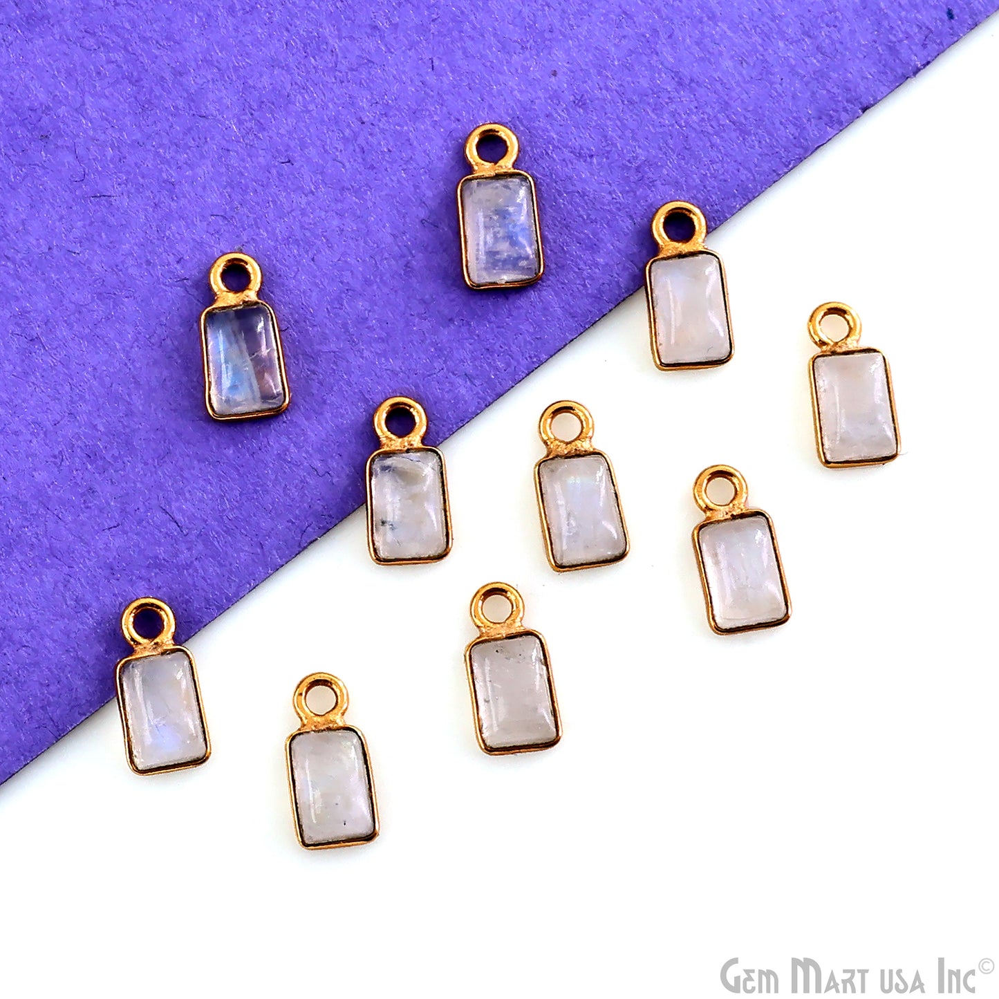 Rainbow Moonstone Cabochon 6x4mm Rectangle Gold Plated Bezel Connector