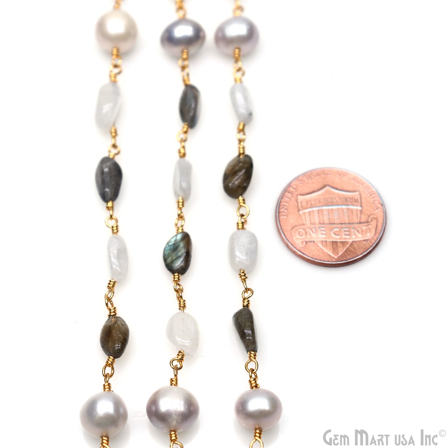 Labradorite, Freshwater Pearl & Rainbow Moonstone Tumble Beads Gold Wire Wrapped Rosary Chain