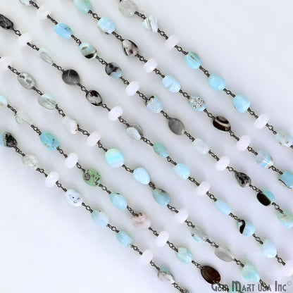 Amazonite & White Chalcedony Tumble Beads Oxidized Wire Wrapped Rosary Chain