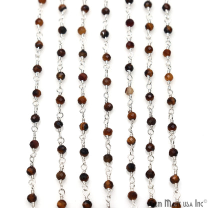 Tiger Eye 2.5-3mm Tiny Beads Silver Plated Wire Wrapped Rosary Chain