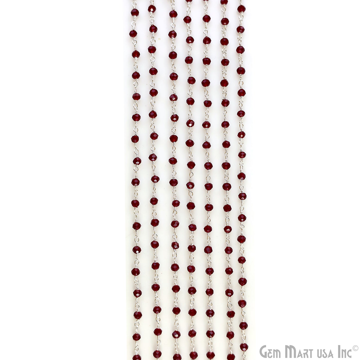 Garnet Color 3-3.5mm Tiny Beads Silver Plated Wire Wrapped Rosary Chain