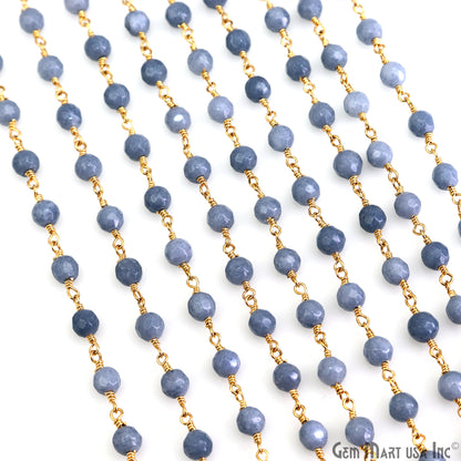 Blue Lace Agate Jade Faceted Beads 4mm Gold Wire Wrapped Rosary Chain