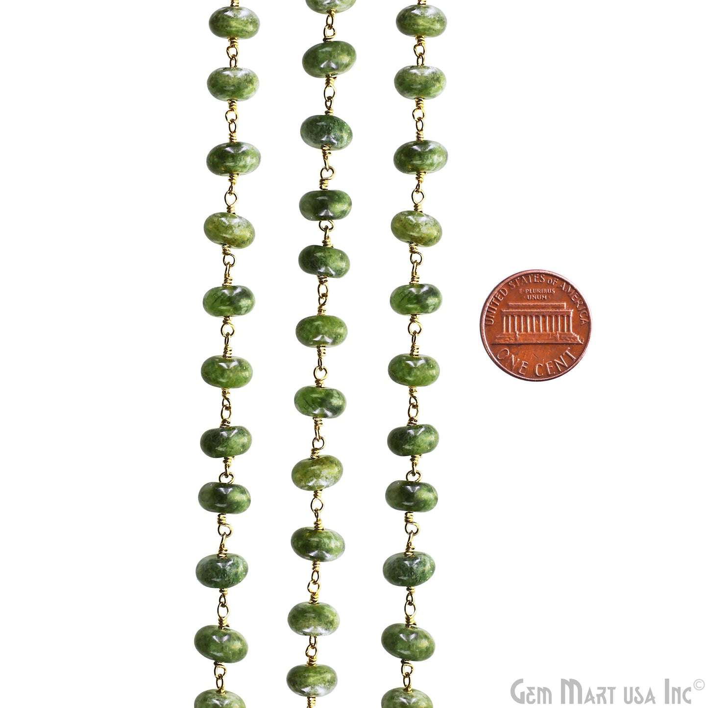 Green Jade Cabochon 8-9mm Gold Wire Wrapped Rosary Chain