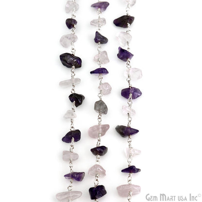 Amethyst & Rose Quartz  Nugget Chip 4-6mm Silver Wire Wrapped Rosary Chain