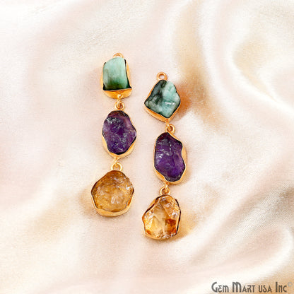 Rough Gemstone Bezel Setting 56x11mm Gold Plated Long Dangle Earring Pair Connectors