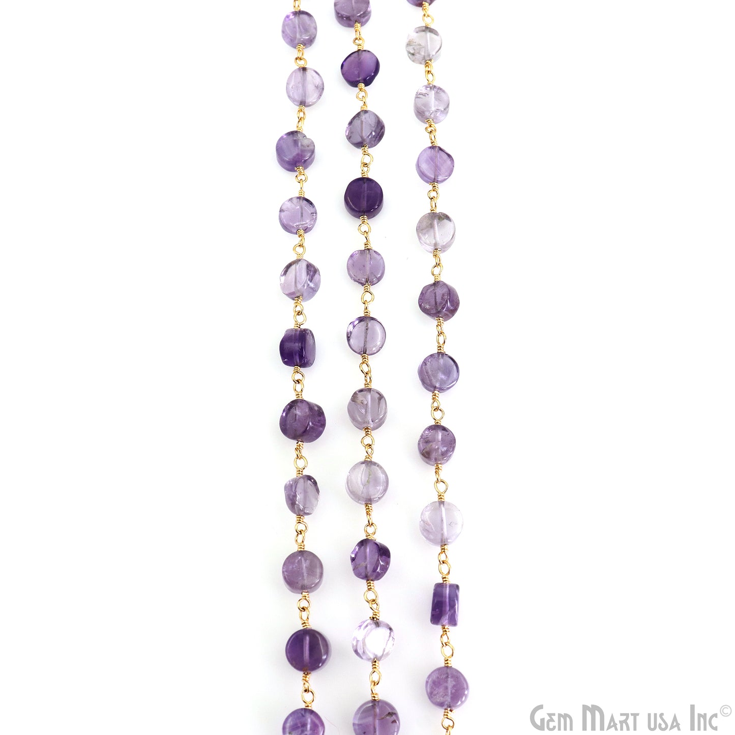 Amethyst Faceted Coin 6-7mm Gold Wire Wrapped Rosary Chain