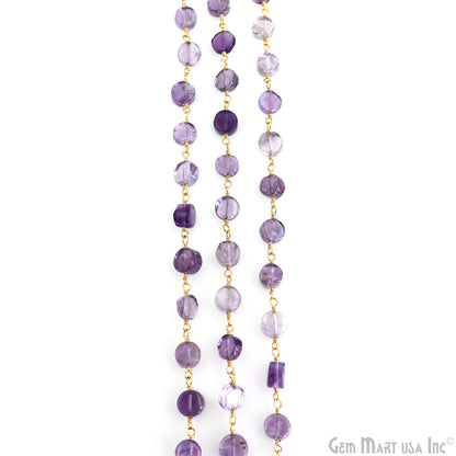 Amethyst Faceted Coin 6-7mm Gold Wire Wrapped Rosary Chain