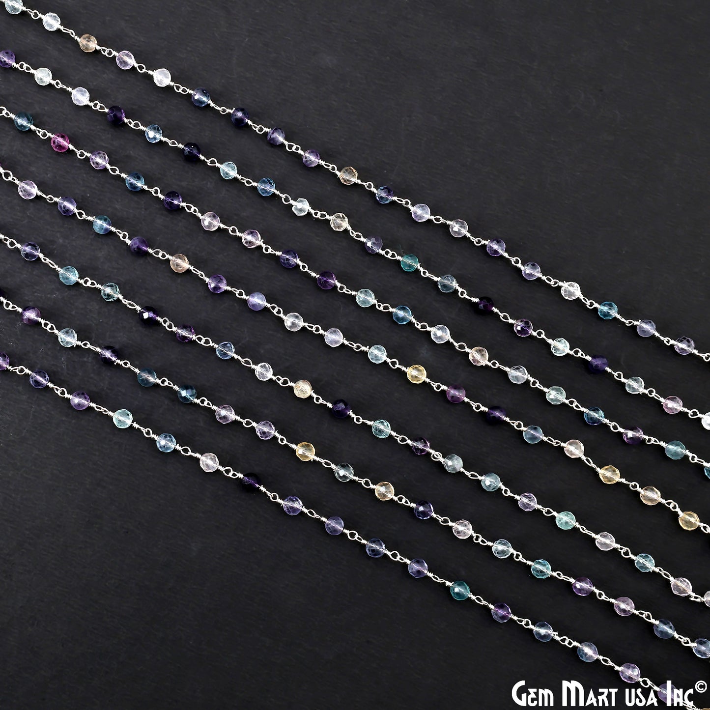 Fluorite 4mm Silver Plated Beaded Wire Wrapped Rosary Chain