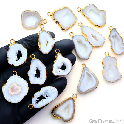 White Agate Geode Druzy 1-2 Inch Single Bail Gold Electroplated Gemstone Connector