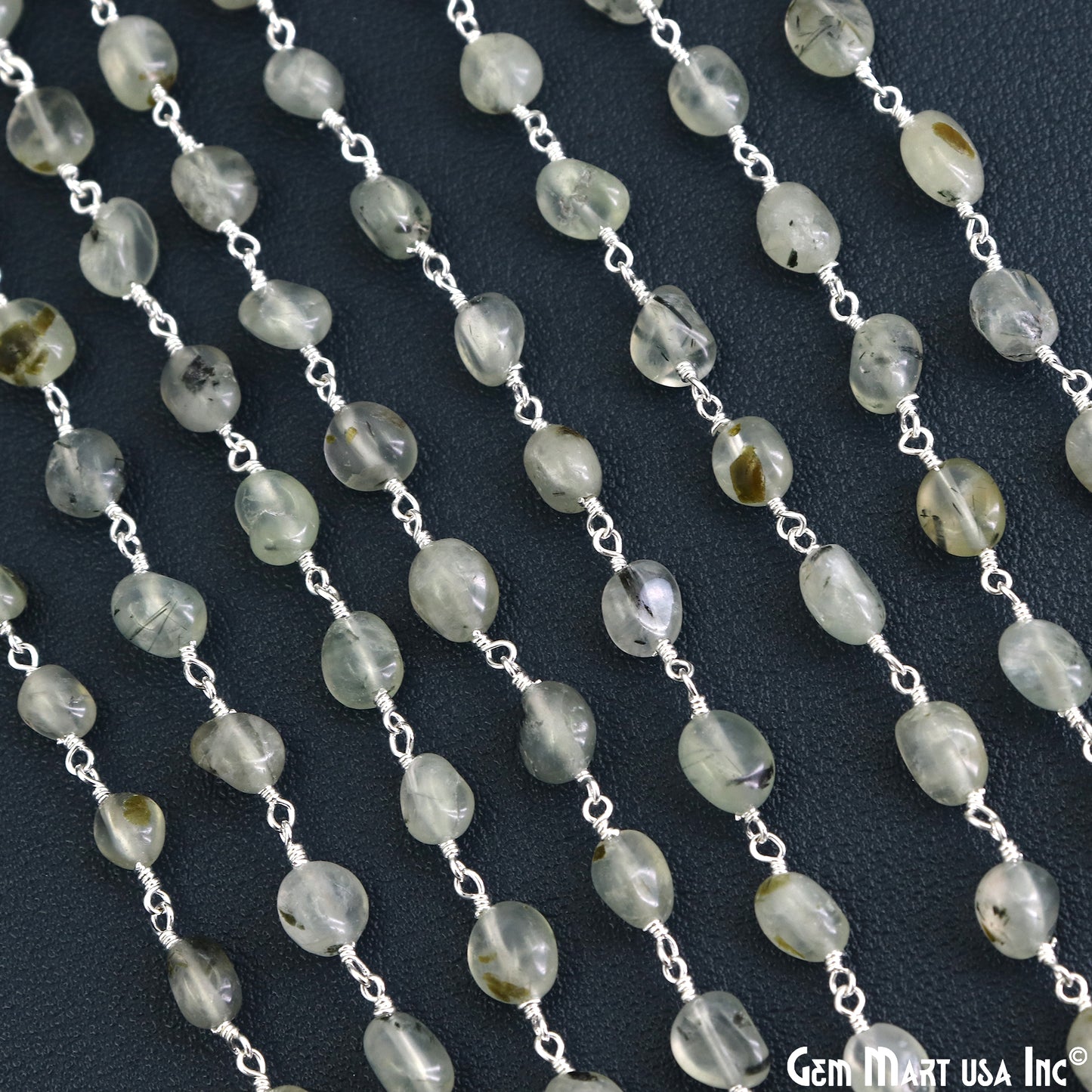 Green Rutile Tumble Beads 8x5mm Silver Wire Wrapped Rosary Chain