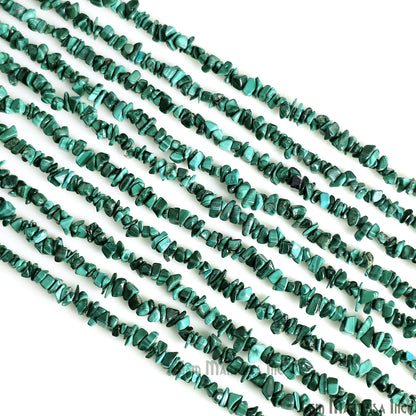 Malachite Chip Beads, 34 Inch, Natural Chip Strands, Drilled Strung Nugget Beads, 3-7mm, Polished, GemmartUSA (CHMC-70001)