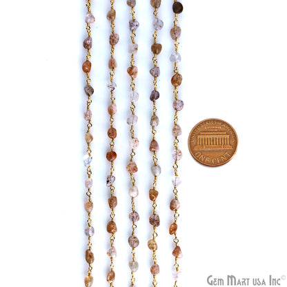 Sunstone Free Form Beads 4-5mm Gold Wire Wrapped Rosary Chain