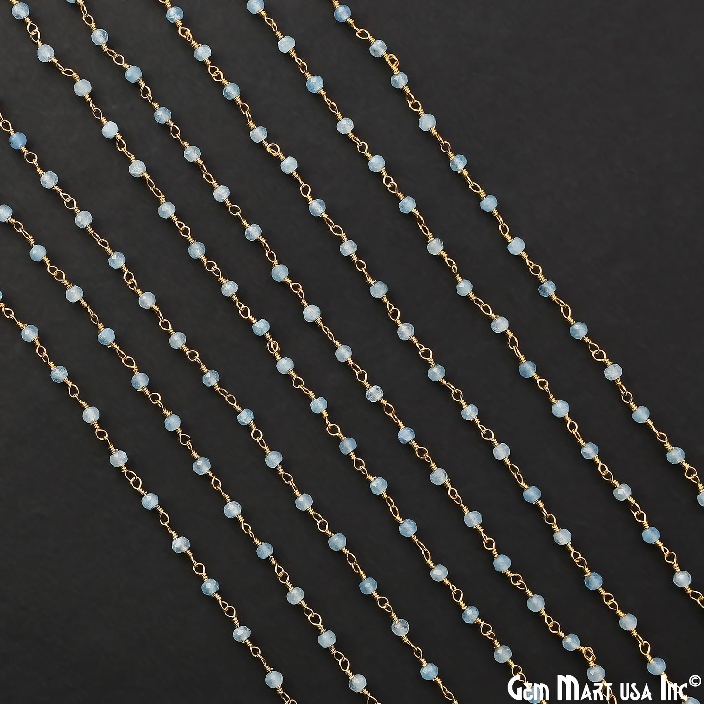 Aquamarine 3mm Gold Plated Wire Wrapped Gemstone Beads Rosary Chain